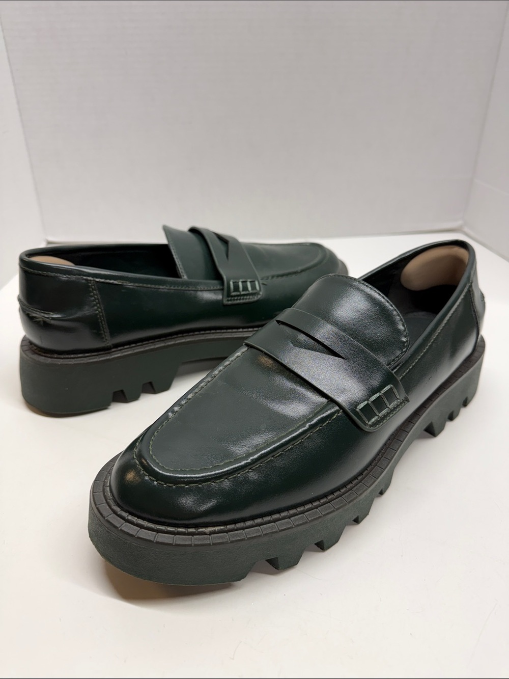Zara Penny Loafers Chunky Platform Shoes Slip On Leather Loafer Green Size 41 10
